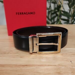 Salvatore Ferragamo Black Leather Belt with Gold Buckle